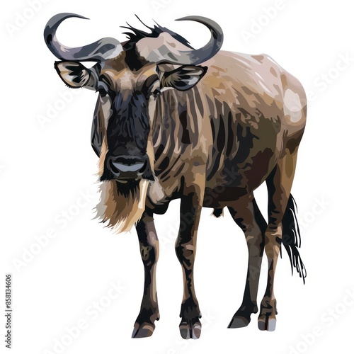 wildebeest (gnu) on a white background, capturing its distinctive horns and robust body. Ideal for wildlife art and educational materials