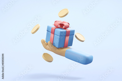 3D Render of Hand Holding Gift Box and Coins - Giving and Rewards Concept