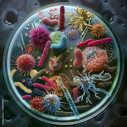 An artistic representation of various bacteria in a petri dish, showcasing different shapes and colors, with a focus on E coli under a high-powered microscope