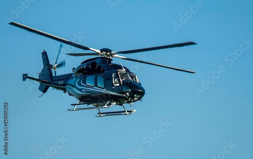 Private helicopter flying in clear blue sky. Business travel transportation, aviation and luxury tourism concept. Commercial chopper