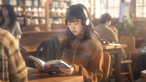 カフェでヘッドフォンを付けて読書する少女