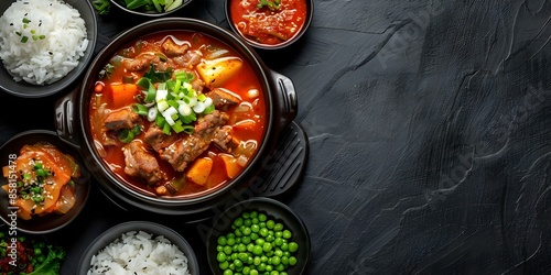 Korean Kimchi Jjigae Stew with Pork, Vegetables, Rice, and Sides. Concept Korean cuisine, Kimchi Jjigae, Stew recipes, Pork dishes, Side dishes