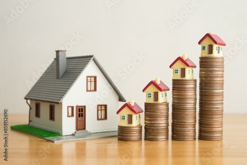 House on stack coins growth as chart on wooden table white wall background. Banking, financial, mortagage loan concept. Central bank (FED) increase interest rates effect to house price and payment.