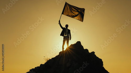 Silhueta de um homem em pé no topo da montanha segurando uma bandeira com um nascer do sol dramático no fundo, Conceito para superação, sucesso e realização.