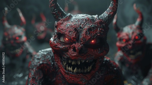 An image depicting red demonic creatures with glowing eyes and fierce, sharp teeth, set in an ominous and dark environment, creating a sinister atmosphere.