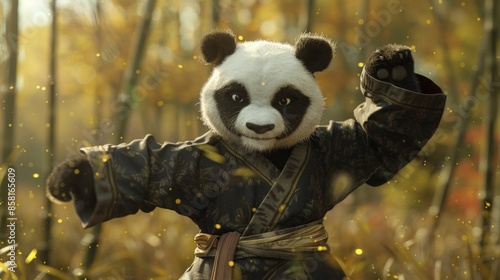 3D cartoon character of a panda doing kung-fu in bamboo forest.