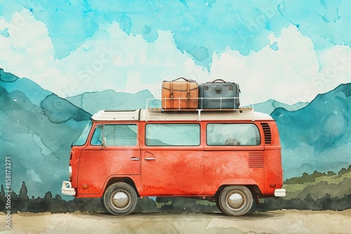 Vintage van with luggage in watercolor illustration, travel adventure concept