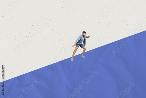 Composite photo collage of happy man wear sunglass casual cloth dance summer ocean vacation relax concept isolated on painted background
