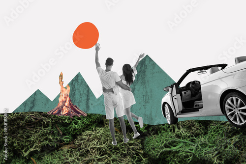 Composite photo collage of happy girl guy hug together weekend camp cabriolet auto mountain bonfire hiking isolated on painted background