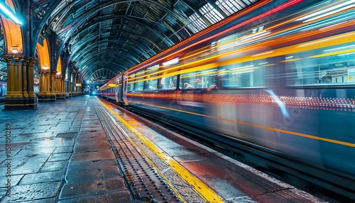 Train Moving in a Busy Station with Vibrant Light Trails - AI generated digital art