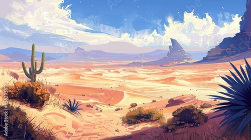 A vast desert landscape with rolling sand dunes, showcasing the unique flora and fauna adapted to the harsh conditions AI generated