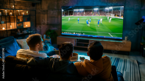 friends looking a soccer game together on the tv screen 