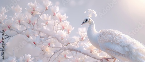 Winter snow scene with white peacocks, jewelry-adorned feathers, and snow-covered tree.
