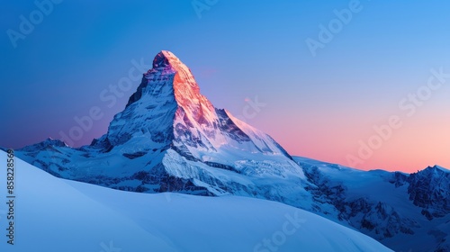 Snow-covered mountain peak illuminated by the sunrise, showcasing a stunning natural landscape with vibrant colors in a serene winter scene.