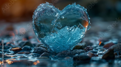 The image portrays a broken heart-shaped glass object amidst pebbles, with a warm sunset in the background, symbolizing the fragility and depth of human emotions.