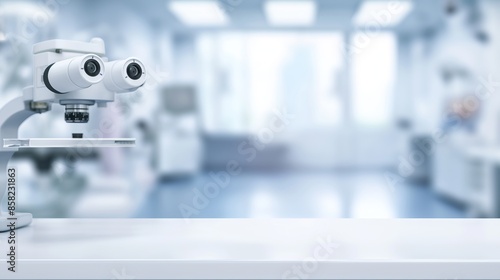 a close up of a empty table with white ophthalmological clinic room background