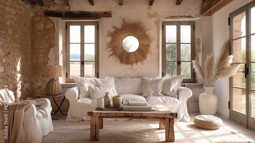 Rustic Elegance. A serene living room with a raffia mirror as the focal point, surrounded by neutral-toned furniture and rustic decor