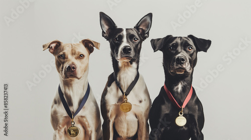 Three award-winning dogs proudly posing with medals against a neutral background.