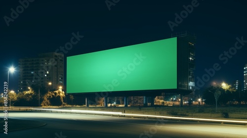 Evening time lapse green screen advertising billboard on expressway sidelines amid traffic