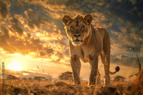 Capture an eye-level perspective of a confident lioness standing boldly in a savannah, under a golden sunset sky,