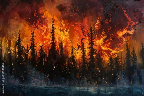 Capture an eye-level angle of an intense blaze engulfing a forest in dramatic, vivid colors with realistic flames,