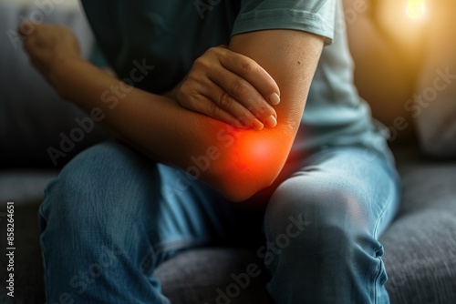 A middle-aged person has pain in the elbow joint, with the joint marked red. Suitable for themes such as health, wellness, medicine, and care.