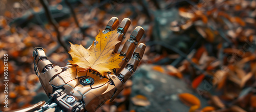 Close-up of a brown robotic hand holding an autumn maple leaf on an open palm against a background of earth with fallen autumn leaves. The concept of a cyborg personifying autumn as a season