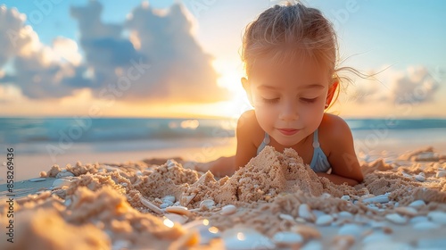 Digging a sandcastle moat, beach fun, children's activity, summer vacation