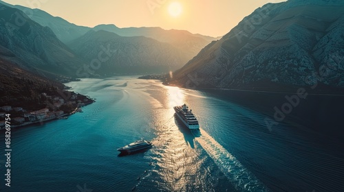 a luxury cruise ship sailing in the open sea, with a small passenger boat being pulled alongside, set against a stunning sunset backdrop.