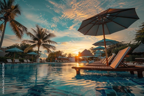 Hotel And Resort. Beautiful Outdoor Pool with Umbrella and Chair in Coconut Palm Tree background