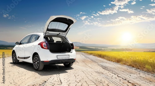 A white car with its trunk open is parked on a dirt road amidst an expansive panorama of golden fields and a beautiful sunset, capturing a moment of serene travel and exploration.