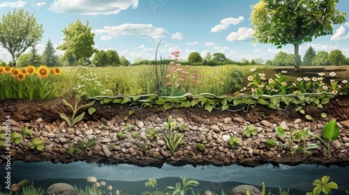 A graphic illustration showing the cycle of nutrients in agriculture, from the decomposition of organic matter to the absorption of nutrients by plants and their return to the soil