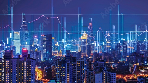 An expansive panoramic view of a bustling cityscape at night, with illuminated skyscrapers towering over the urban landscape. Superimposed digital charts and graphs hover in the foreground,