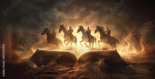 the book Revelation 6:1-8, the four horsemen coming out 