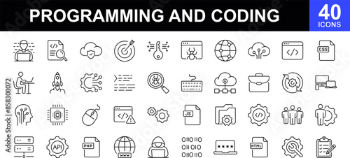 Programming and coding icon set. Software development icon collection. Contains such Icons as code, api, programmer, developer, information technology, coder and more