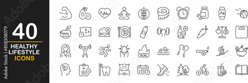 Healthy lifestyle icon set. Contains such Icons as diet, exercise, sleep, running, routine, gym, nutrition, cardio exercises, sports supplements, yoga, self-care, culture and hobbies icons