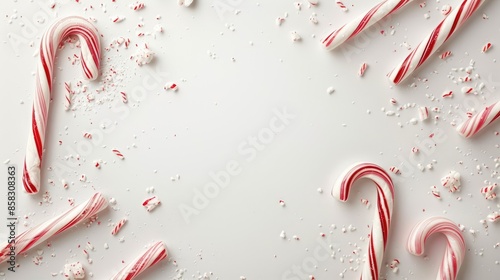 Candy cane frame on white background with peppermint candy