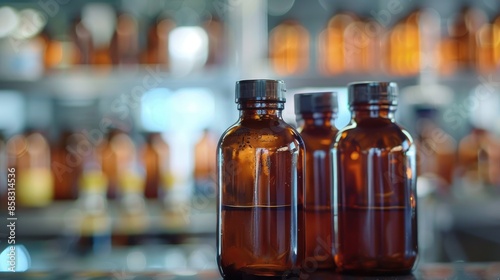 Formaldehyde in brown bottle in lab with blurred background