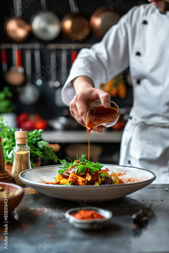 Chef pouring sauce over a plated dish in a professional kitchen..