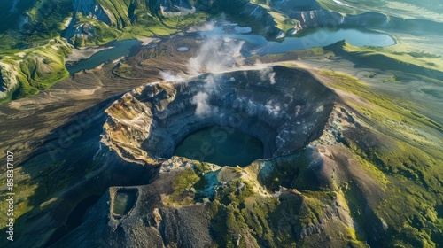 A volcano with a large crater and a lake in the foreground