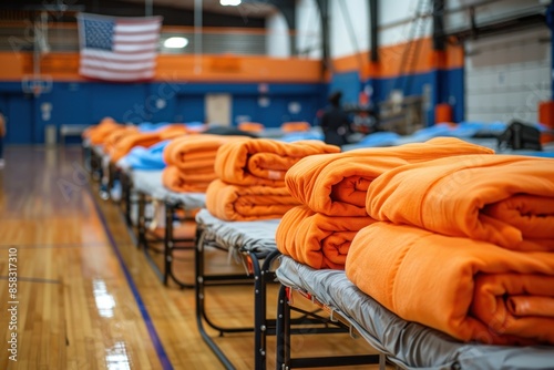 An image of an emergency shelter setup in a gymnasium. Cots, blankets, and basic supplies are arranged neatly, with volunteers preparing to assist evacuees. This image showcases the role of community