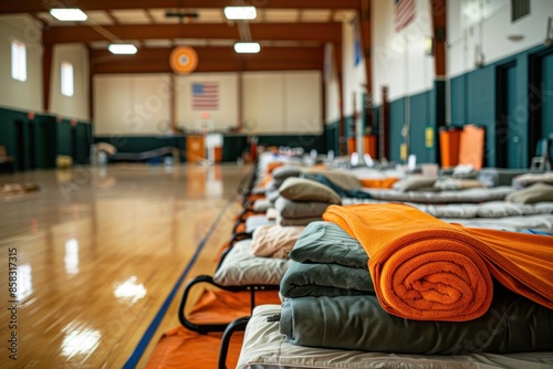 An image of an emergency shelter setup in a gymnasium. Cots, blankets, and basic supplies are arranged neatly, with volunteers preparing to assist evacuees. This image showcases the role of community