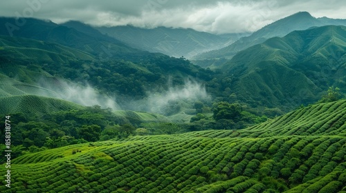 A lush green mountain landscape with misty clouds in the sky