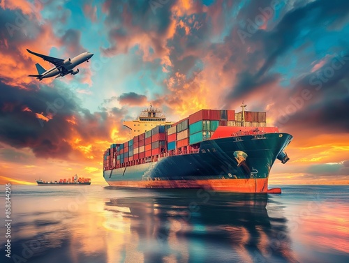 Logistics import export of containers cargo freight ship, truck transport with containers background, copy space, plane