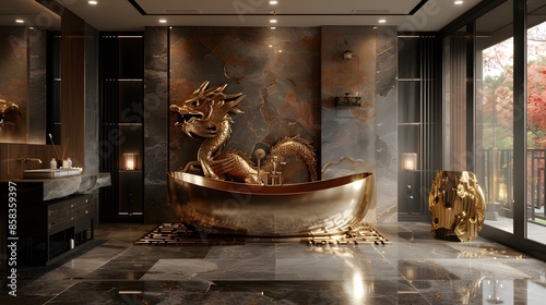 Luxurious bathroom with a golden dragon-themed bathtub and elegant decor reflecting affluence and exclusivity. 