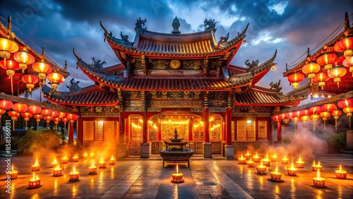 Chinese temple illuminated at night with lanterns and incense burning , Chinese, temple, night, illuminated