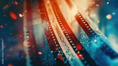 Close up of retro film strips with dust and light leaks
