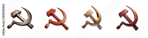 3D communist symbol set. Sickle and Hammer. Isolated transparent background PNG.