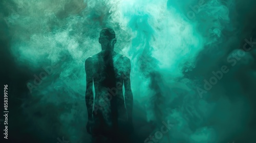 A person surrounded by a thick cloud of smoke, possibly in a smoking room or after an explosion
