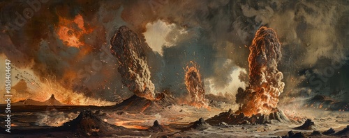 Mid-eruption volcanic projectiles halted in ethereal suspension, raw power immortalized.